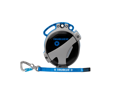 Front view of the TRUBLUE iQ auto belay with aluminum triple action swivel carabiner produced by Headrush Technologies.